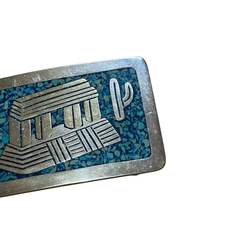 Vintage Mexican Sterling Silver Turquoise Inlay Belt Buckle - Picture 11 of 12